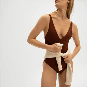 Everlane Womens The V-Neck One Piece Bathing Suit Small Swimwear Brown NWT